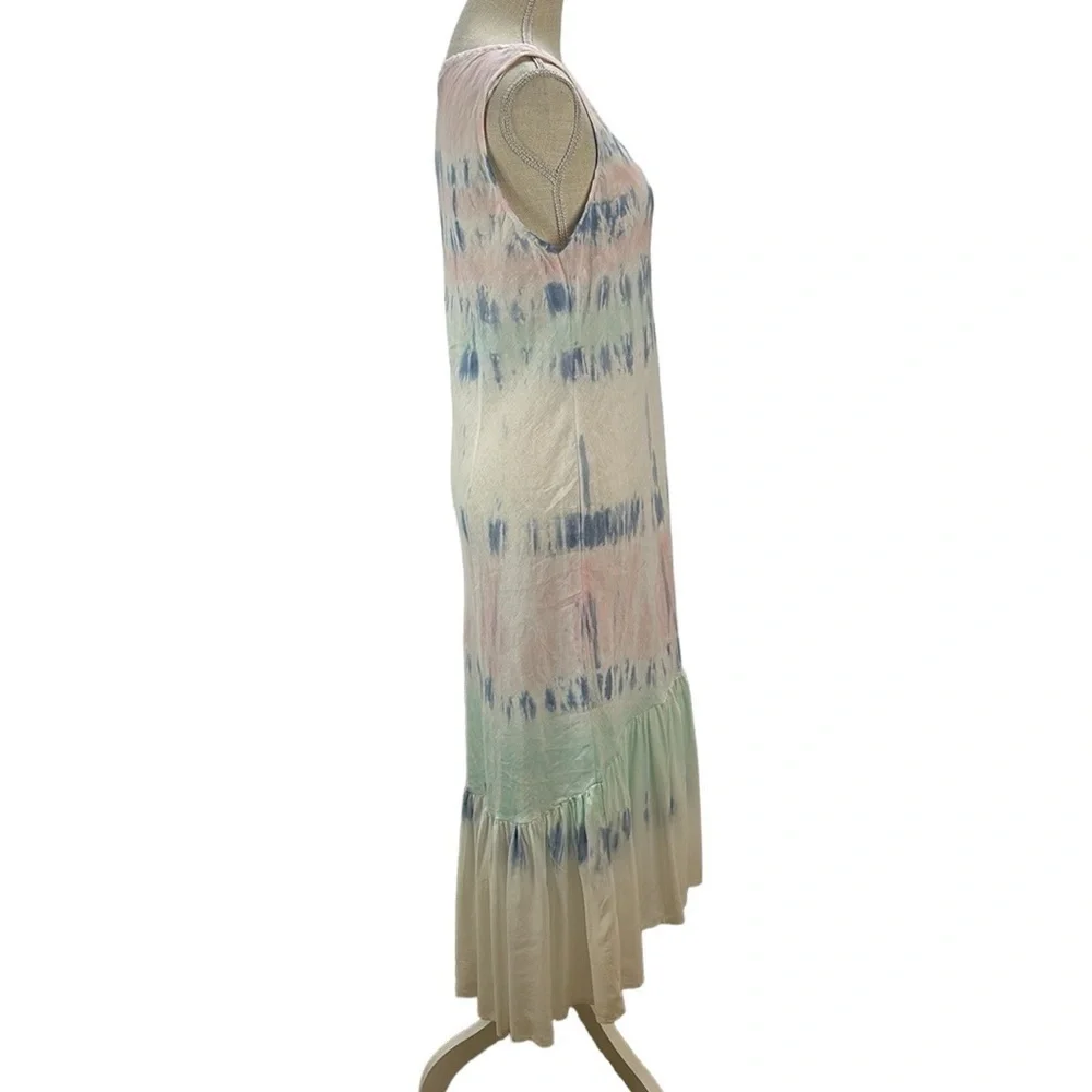 Charlie B Linen Ruffle Hi Low Hem Dress M Tie Dyed Pastel Pink Blue‎ Slee…